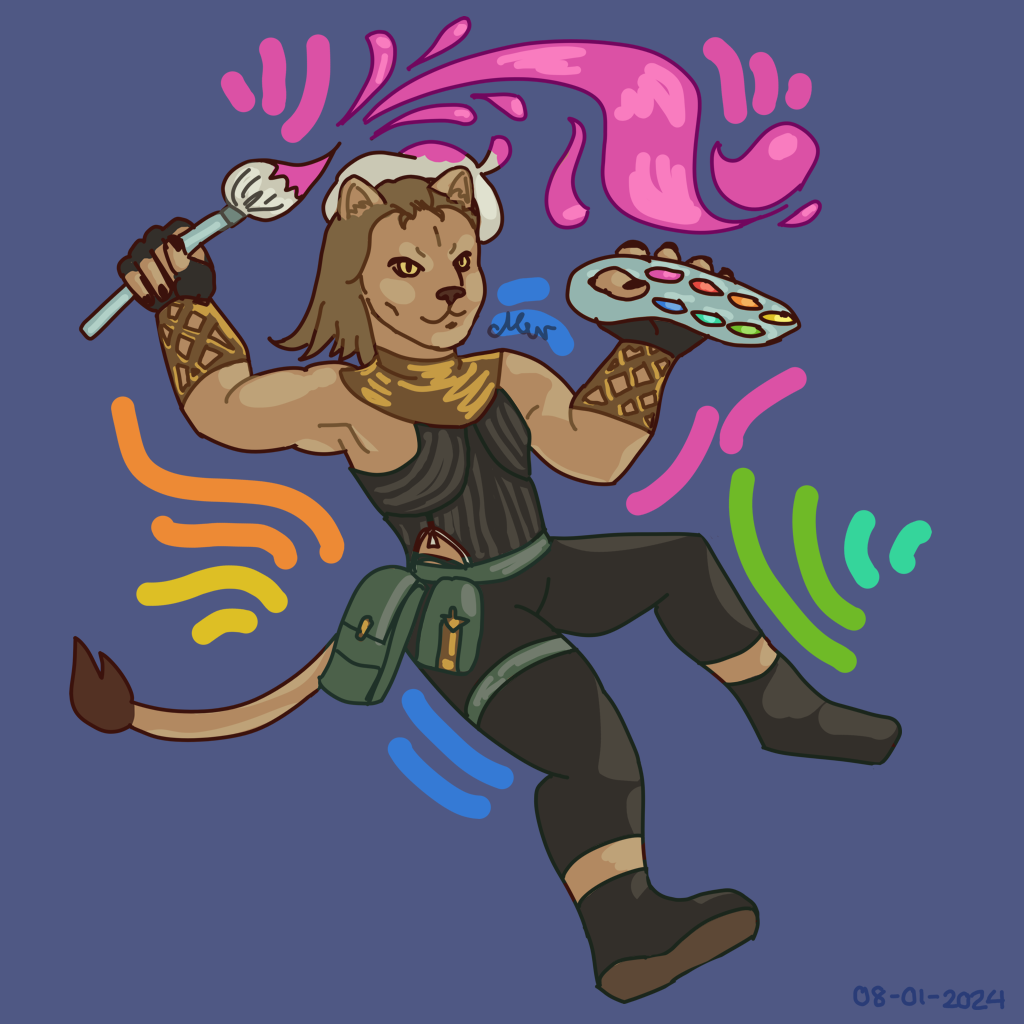 A Hrothgar wearing a Pictomancer outfit, drawing from before character was released in Final Fantasy 14.