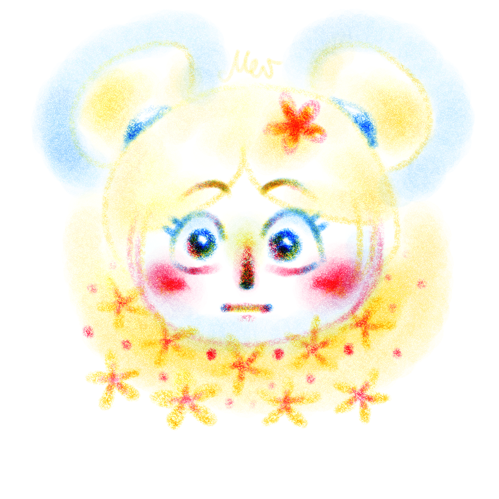 A pale character head with flowers, a drawing.