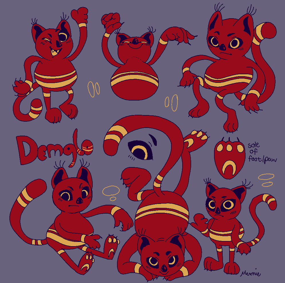 A red demon cat character drawing with glowing rings.