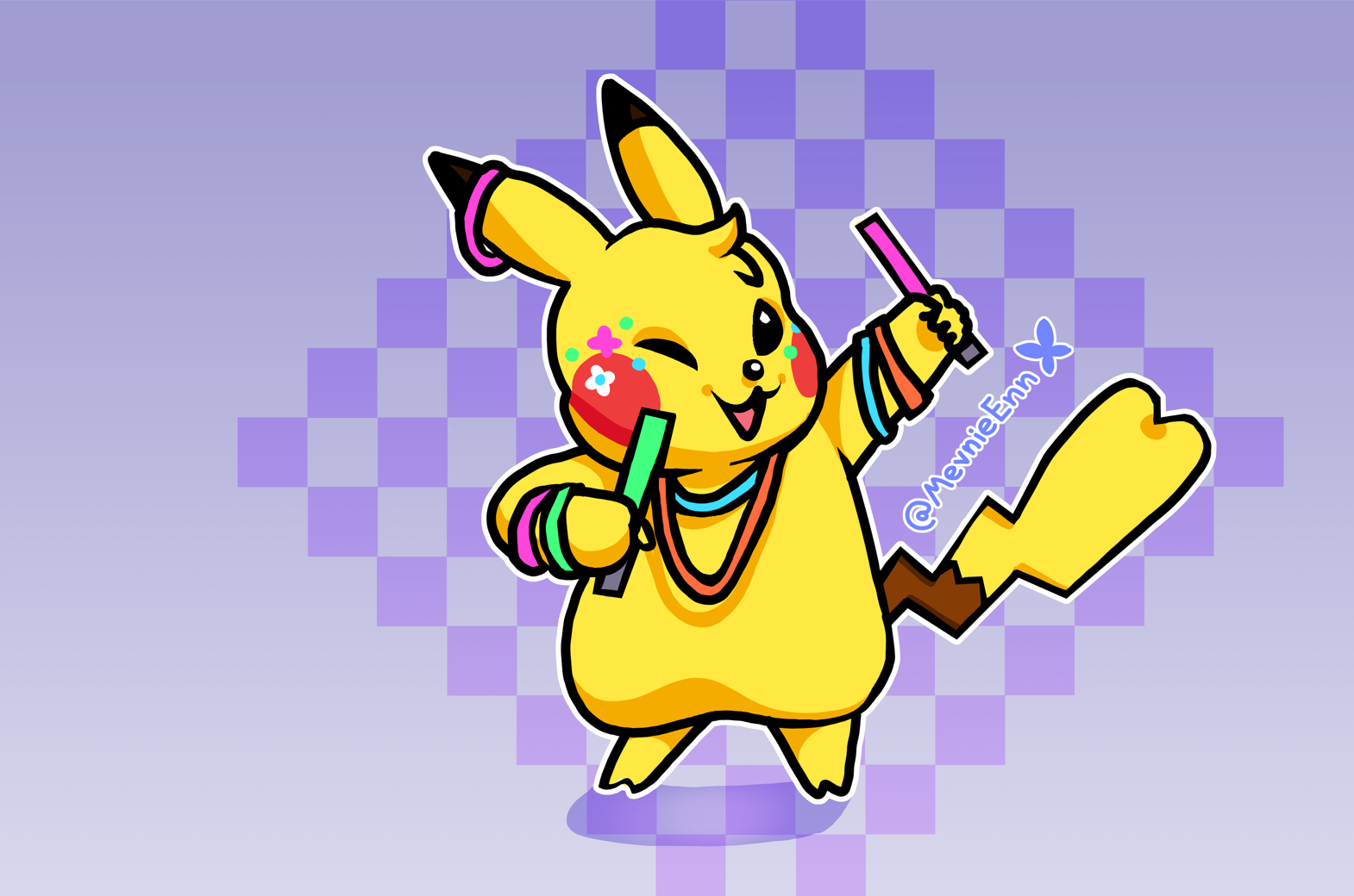Drawing of a Pikachu with glowsticks.